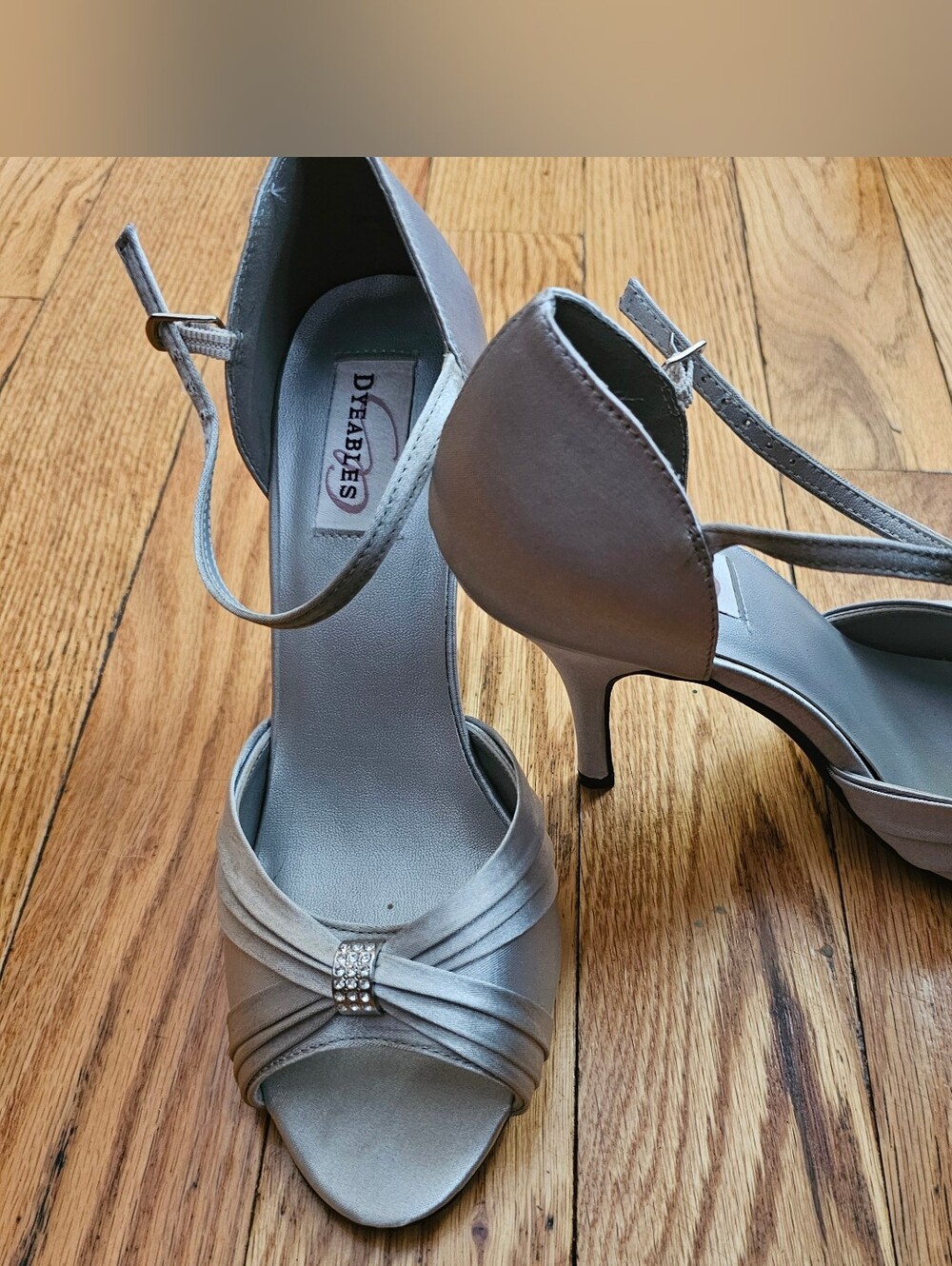 David's Bridal Dyeables Silver Satin Ankle-Strap Peep-Toe Heels